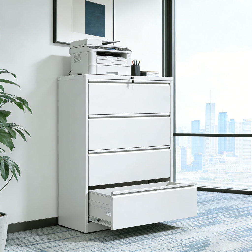 4 Drawer Lateral File Cabinet, Heavy Duty Metal Filing Cabinet, 35.4 Inch Wide Locking File Cabinet for Home Office, Space-Saving Vertical Storage with Anti-Tip Interlock, for Letter/Legal/A4 Files