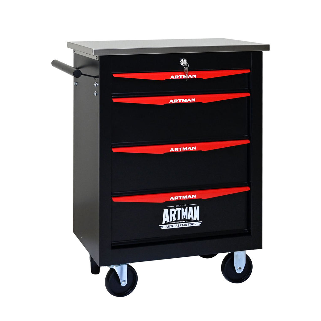 4 Drawers Multifunctional Tool Cart with Wheels,Metal Rolling Tool Cart Storage for Garage Workshop Warehouse Repair Shop--With Stainless Steel Roof- BLACK&RED