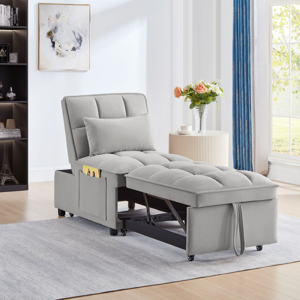 4 in1 Multi-Function Single Sofa Bed with Storage Pockets,Tufted Single Pull-out Sofa Bed with Adjustable Backrest and Pillows ,Convertible Chaise Lounge,Gray