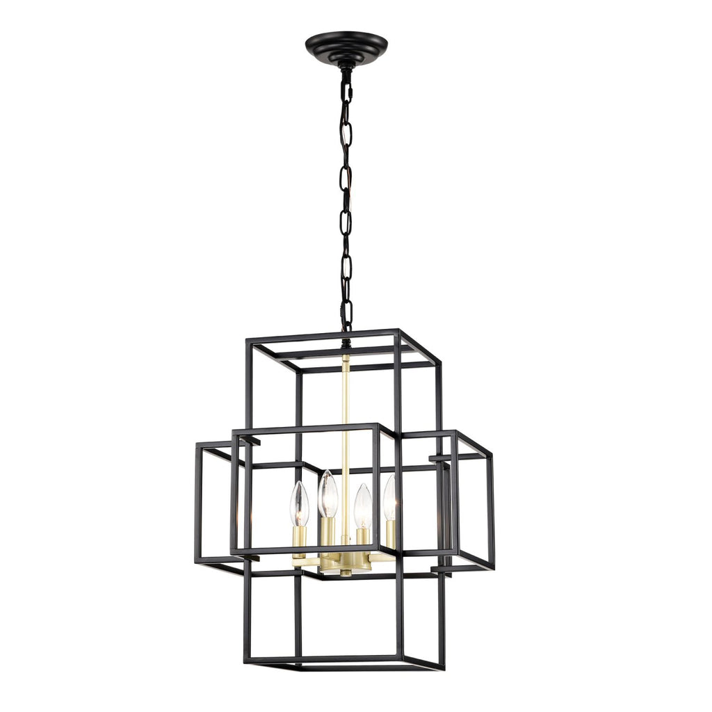 4-Light Metal Lantern Tiered Pendant Hanging Light Fixtures, Industrial Farmhouse Adjustable Height Chandeliers for Dining Room Hallway Foyer Entryway--Matte Black & Gold (E12 Bulbs Not Included)