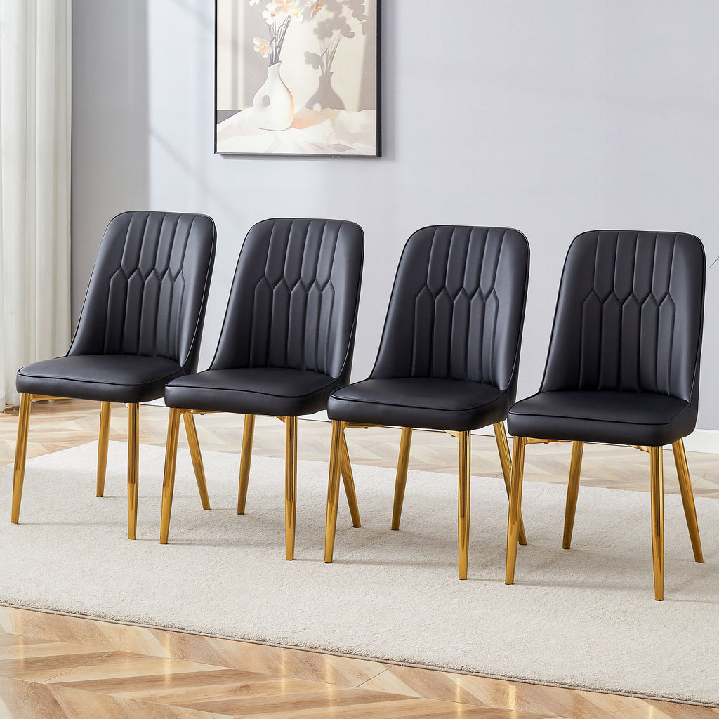 4 modern dining chairs, sleek PU leather backrest, and gold metal legs bring a comfortable home experience to the kitchen, bedroom, and office.