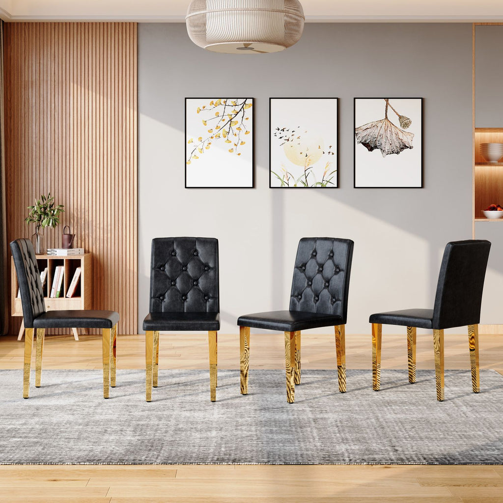 4-pack black PU dining chairs: ergonomic buckle backrest, 35 inches high, golden metal legs,Combines Comfort and Texture.Perfectly suitable for family dining rooms, hotel banquet halls,etc.