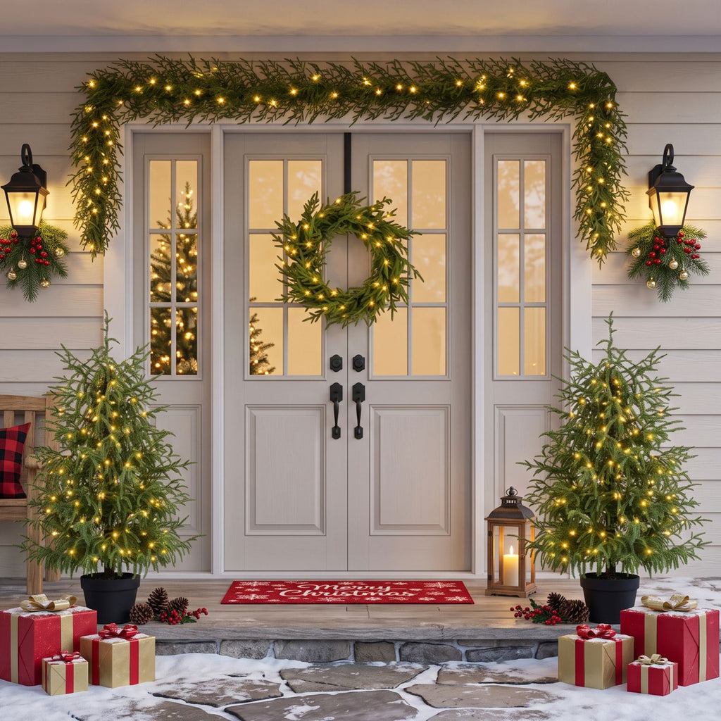 4-Piece Christmas Tree Set – 2 Trees with Sturdy Bases, 1 Pre-Lit Wreath, 1 Garland, Warm White Lights, Easy to Shape & Wobble-Free for Indoor Holiday Home Decor