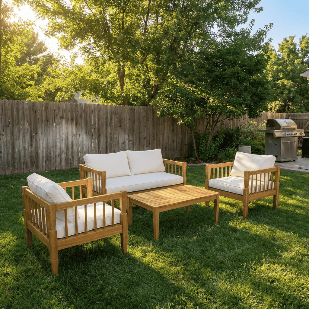4-Piece Patio Furniture Set, Outdoor Furniture with coffee table, Patio Conversation Set Deep Seating with Thick Cushion for Backyard Porch Balcony,Teak finish