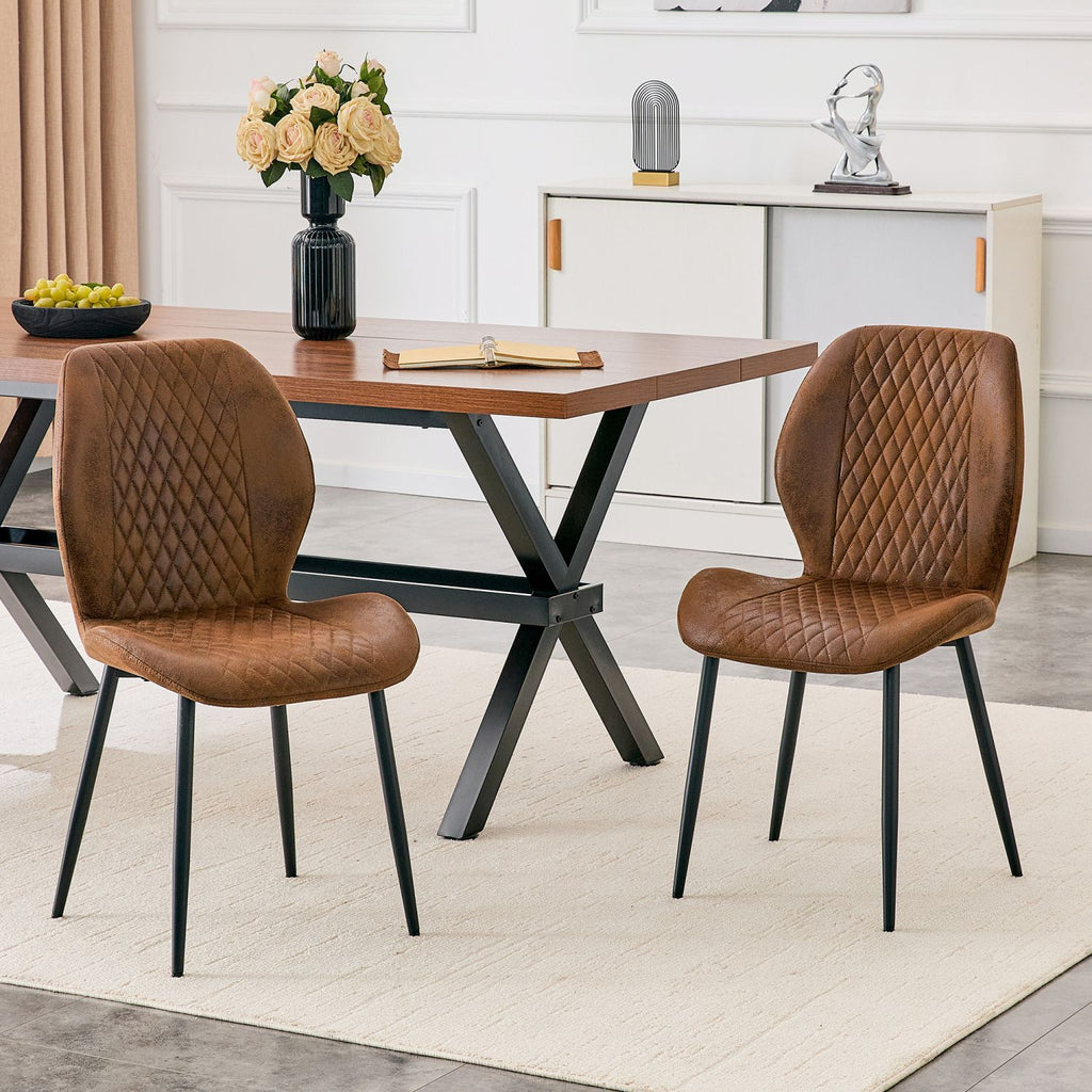 4-piece set of modern luxury brown quilted technology fabric dining chairs with black metal legs - suitable for home restaurants, commercial cafes, and multiple scenarios.