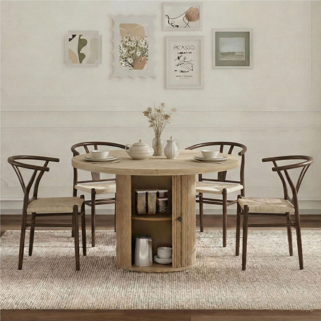 4-piece set of walnut color woven dining chairs, including a 47.2-inch round Roman column table with storage function, suitable for restaurants/wooden color