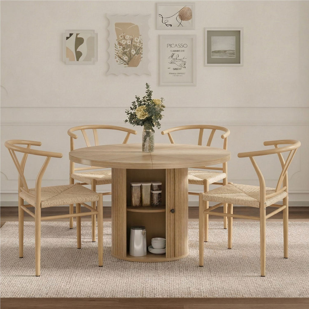 4-piece set of wooden color woven dining chairs, including a 47.2-inch round Roman column table with storage function, suitable for restaurants/wooden color