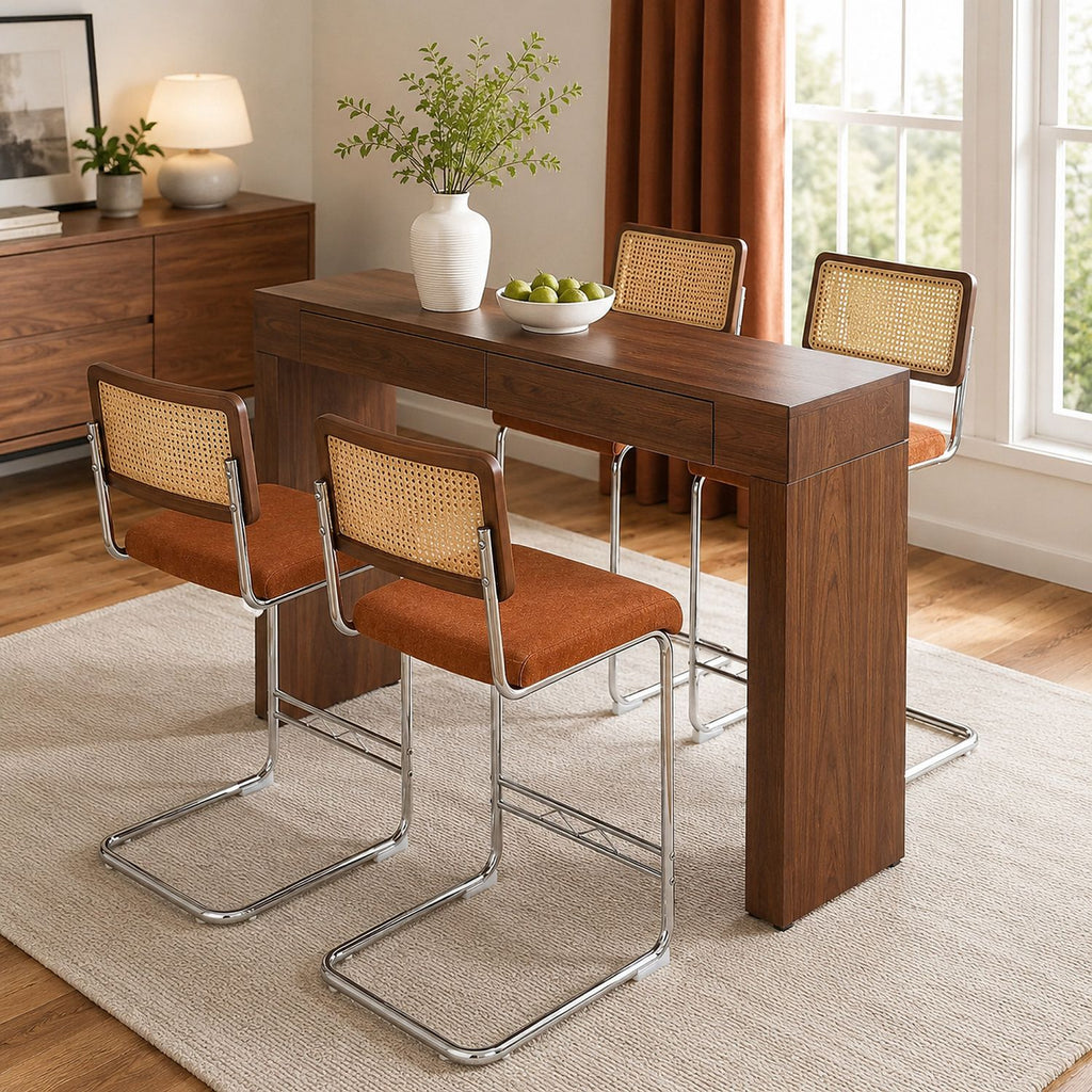 4-piece velvet bar chair combination, paired with walnut wood grain bar table, including storage function, suitable for restaurants and cafes