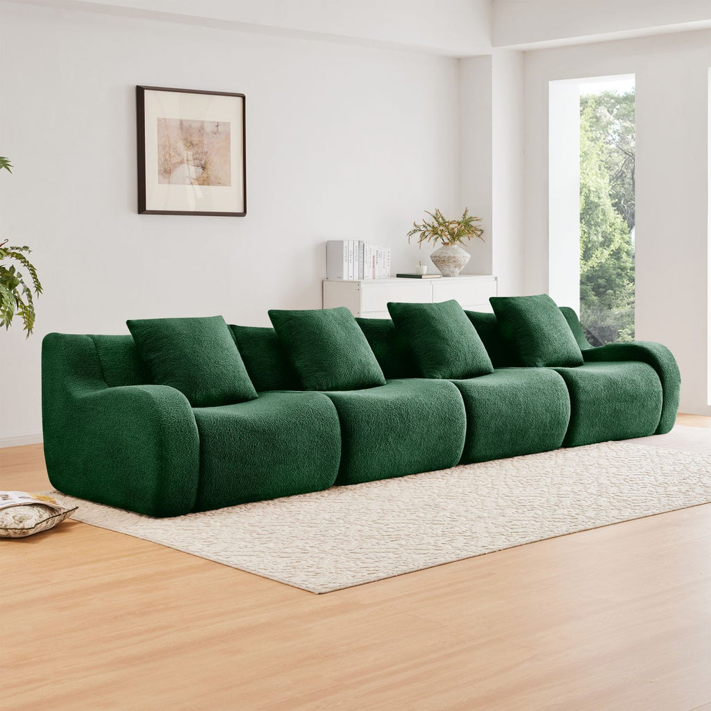 4-Seat Boneless Sofa, High-Quality Teddy Fabric,No assembly required Curved armrest,Anti-slip Design,32D High Density Sponge Full Compression Vacuum Packag,For Studies Iiving Rooms,Green