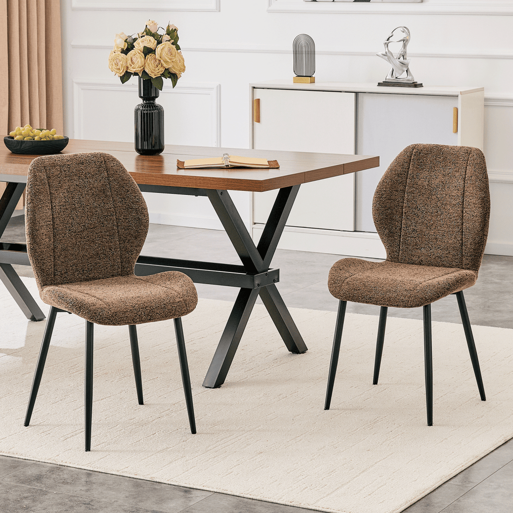 4 sets of retro and minimalist brown fabric dining chairs with spacious and comfortable cushions.Black metal legs and adjustable feet, suitable for dining room, study & office ,etc.
