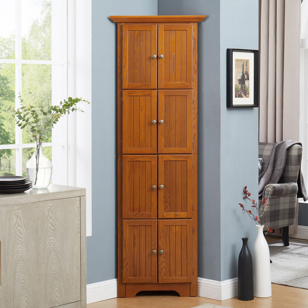 4-Tier 72" Corner Kitchen Pantry Storage Cabinet with 8 Doors Tall Storage Cabinet, Corner Cabinet and Shelves, Home farmhouse bookshelf Cabinet for Bathroom, Living room, Kitchen OAK