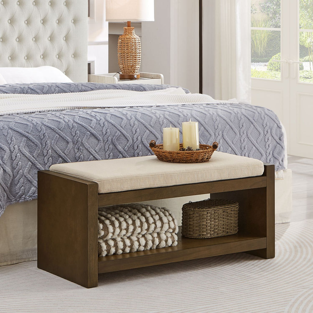 40" Accent Bench with Lower Shelf Shoe Rack, Padded Seating Bench for Living Room, Modern Compact Bed End Bench with Storage for Bedroom Seating, Removable Cushion, 40"W-Ivory