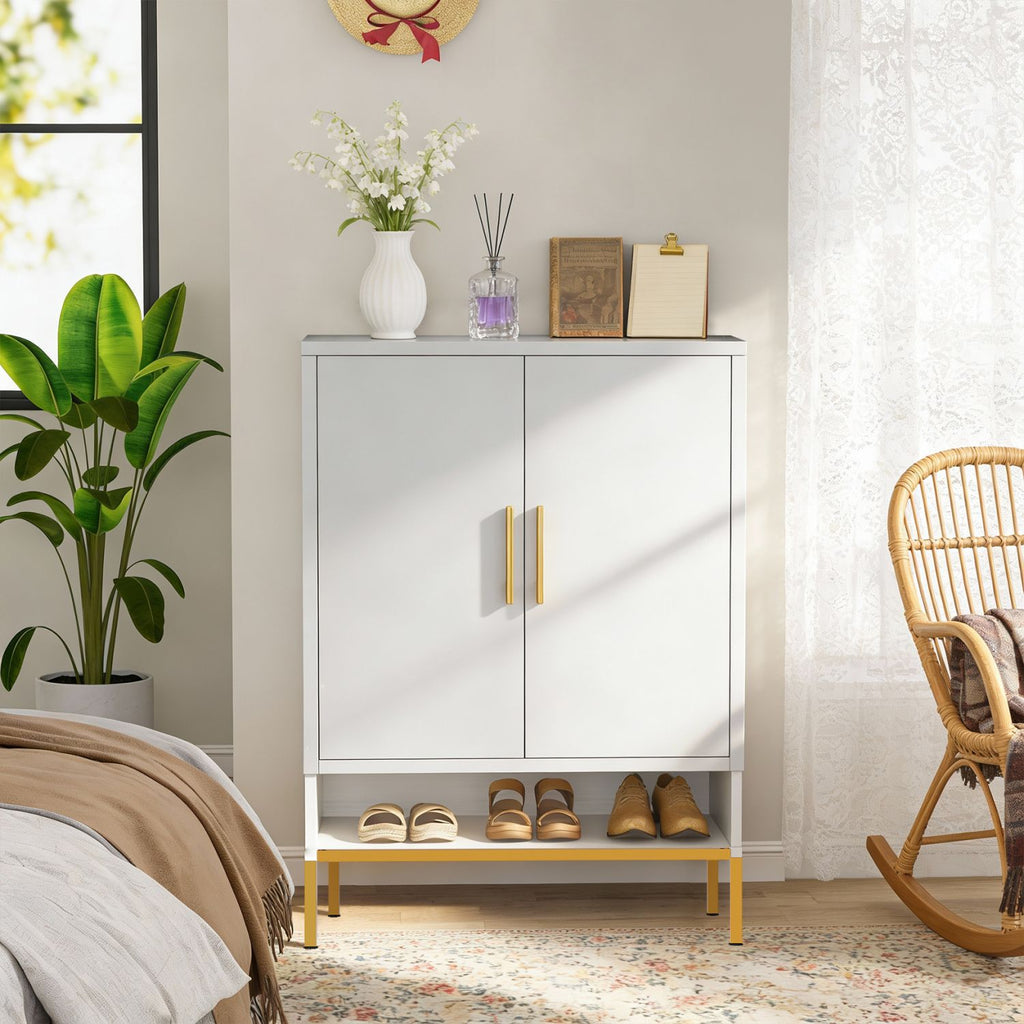 40'' Tall 2-Doors Shoes Cabinet, Metal 7-Tier Hidden Shoe Organizer,Modern Narrow Shoe Storage Cabinet with Adjustable Shelves for Entryway, Hallway, Closet, Bedroom, Living Room,Laundry Room(White)