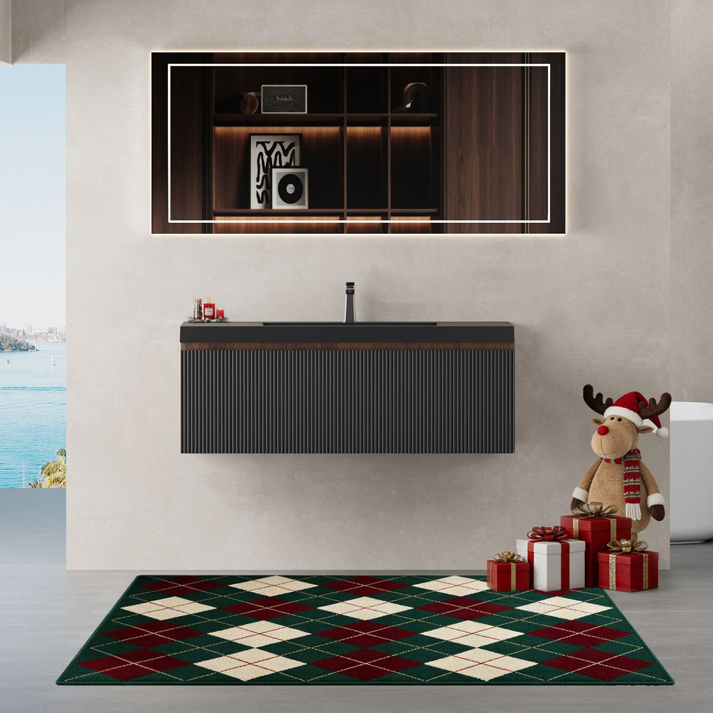 42'' Floating Bathroom Vanity with Sink Combo, Modern Wall-Mounted Striped Bathroom Storage Cabinet with Soft-Close Drawers and Black Quartz Sand Basin, Smoked Walnut 24V16-42WAB-W1920P385453