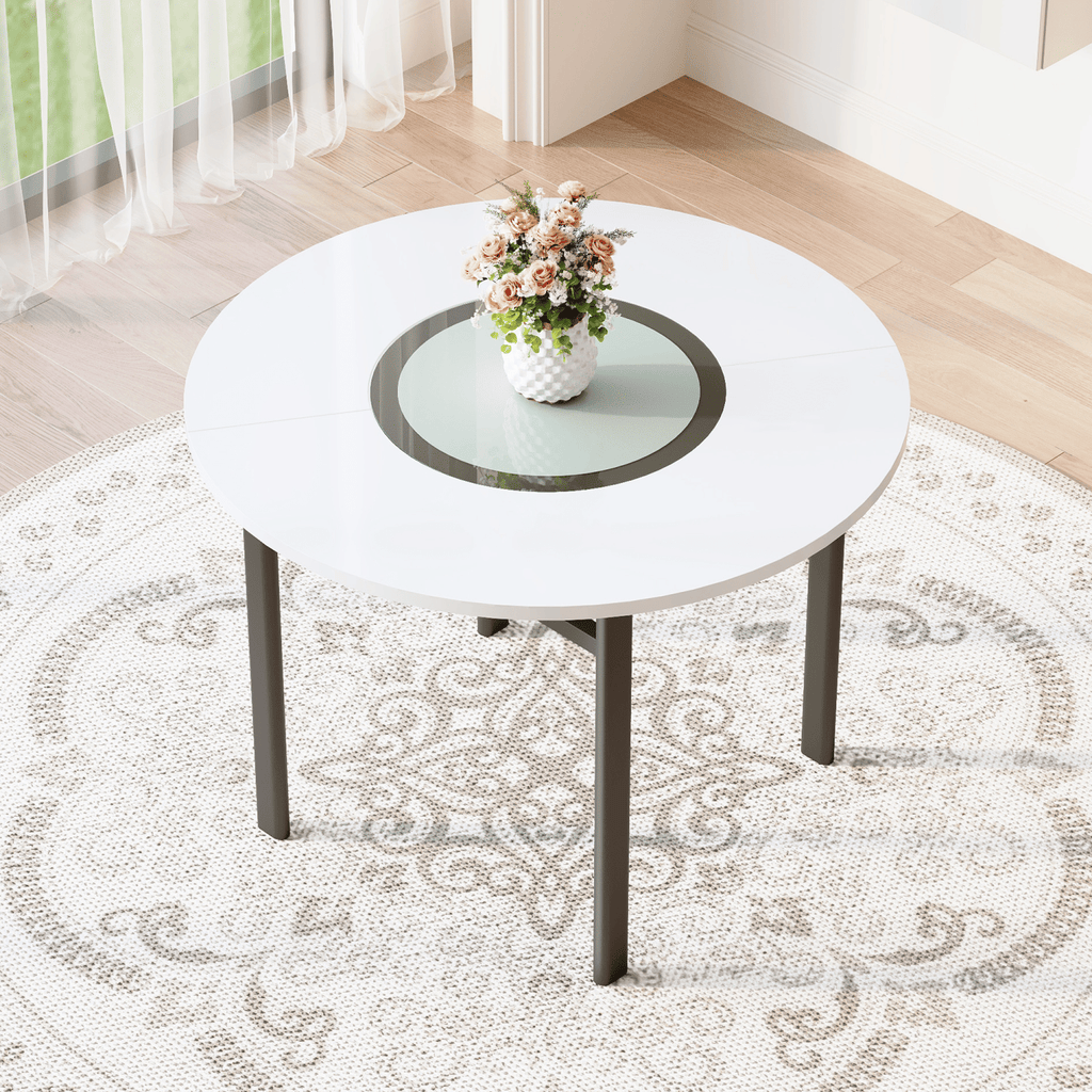 42 inch modern minimalist white desktop round dining table suitable for 4-6 people (gray glass inlay+metal stable bracket, suitable for multiple scenarios).