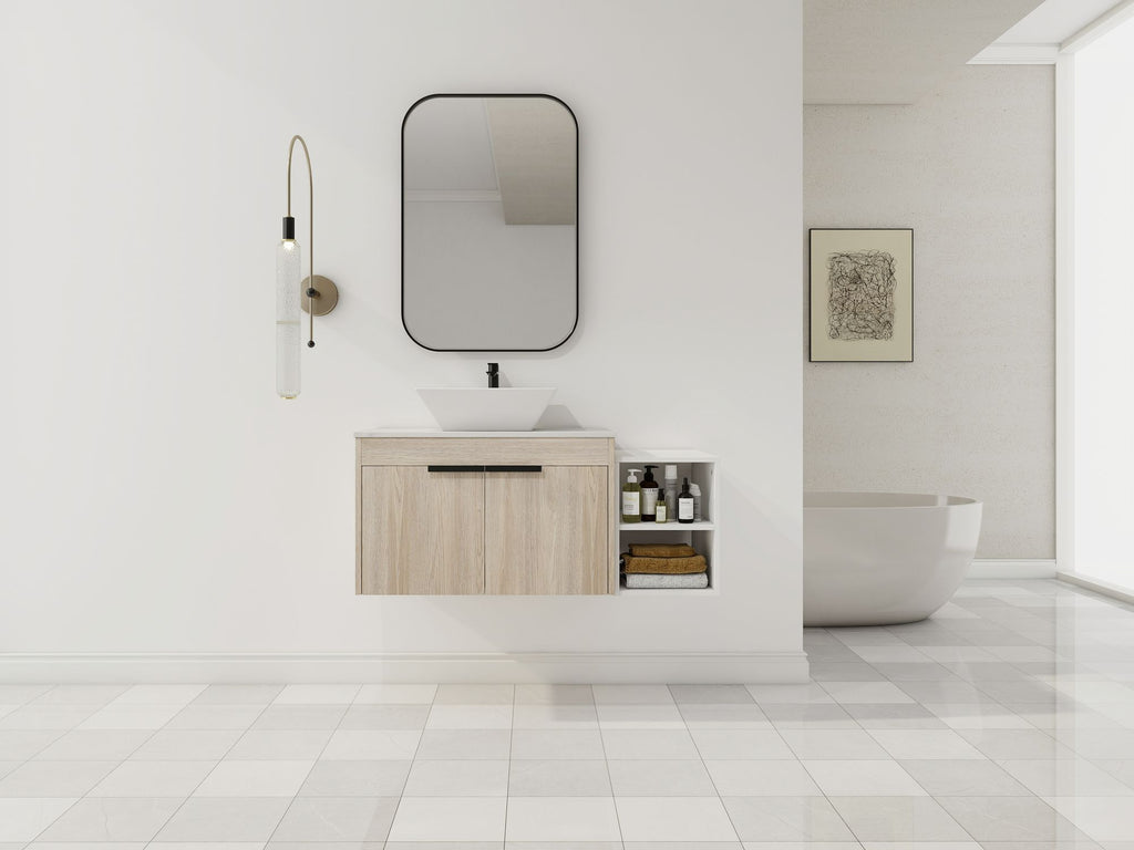 42 " Modern Design Float Bathroom Vanity With Ceramic Art Sink, White Flat Stone Slab and Small Storage Shelves, Soft Closed Door, KD-Package (TOP-BAB101MOWH)