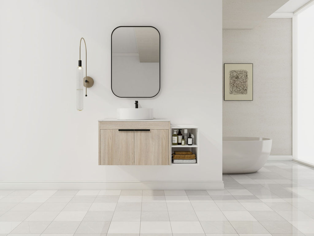 42 " Modern Design Float Bathroom Vanity With Ceramic Art Sink, White Flat Stone Slab and Small Storage Shelves, Soft Closed Door,KD-Package (TOP-BAB400MOWH)