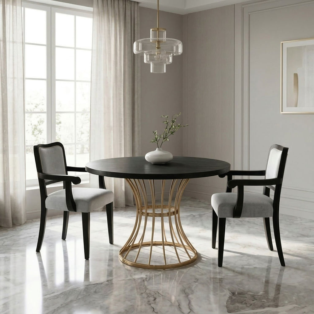 42" Round Dark Oak Dining Set – Solid Wood-Look Veneer Table + 2 Upholstered Walnut-Finish Chairs, Heavy-Duty Iron Base, Space-Saving 3-Piece Kitchen Nook Furniture, Rustic-Modern Style