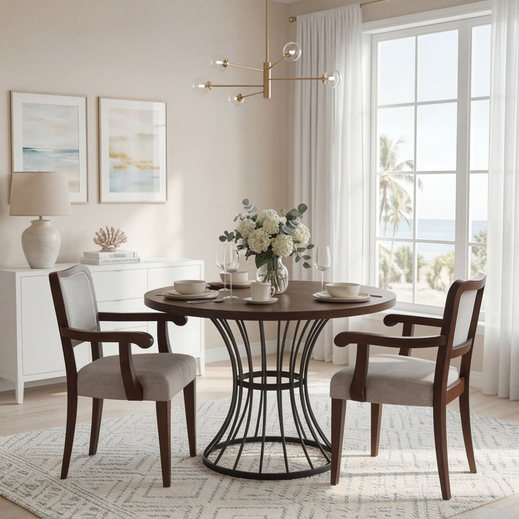 42" Round Oak Dining Set – Solid Wood-Look Veneer Table + 2 Upholstered Walnut-Finish ARMCHAIRS, Heavy-Duty Iron Pedestal Base, Space-Saving 3-Piece Kitchen Nook Furniture, Rustic-Modern Style
