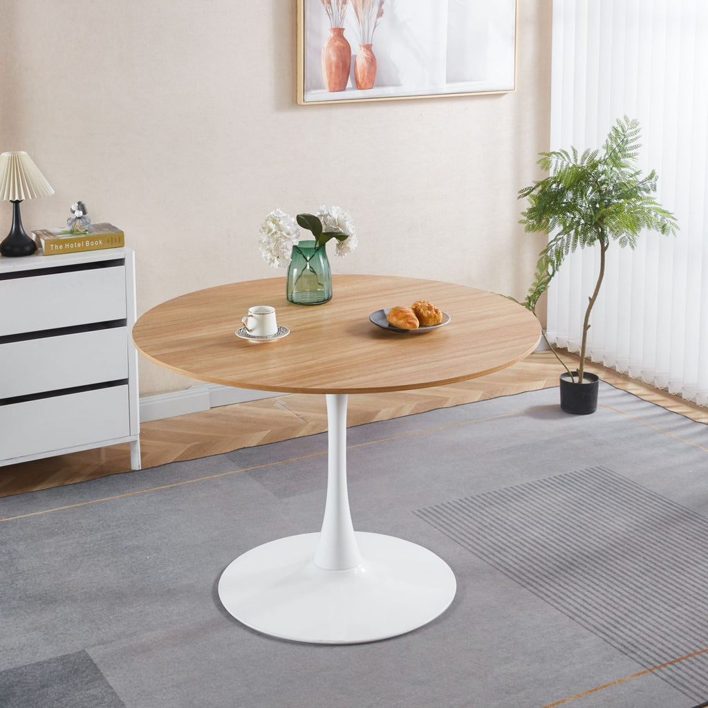 42.1 Inch Oak Grain Textured Finish Tulip Dining Table, Mid-Century Modern Round Table Seats 4-6, Round MDF Tabletop with Single Pedestal Base, Multi-Purpose as Dining Table, Side End Table & Leisure