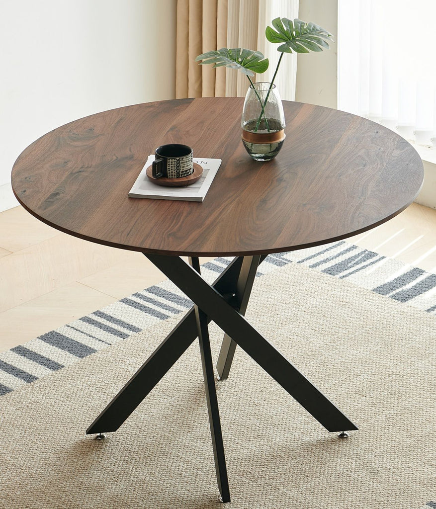 42.1"BLACK AND WOOD COLOR Table Mid-century Dining Table for 4-6 people With Round Mdf Table Top, Pedestal Dining Table, End Table Leisure Coffee Table,cross leg
