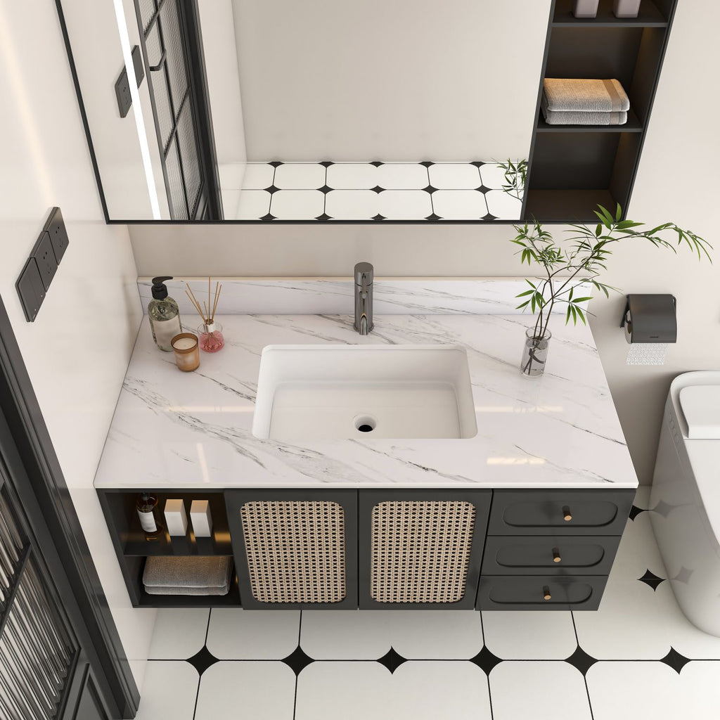 43 Inch Marble Vanity Top, White Vanity Top with 1 Pre-drilled Faucet Holes, Bathroom Vanity Top with Undermount Rectangular Middle Sink and 4" Height Backsplash, Bianco Carrara Venato