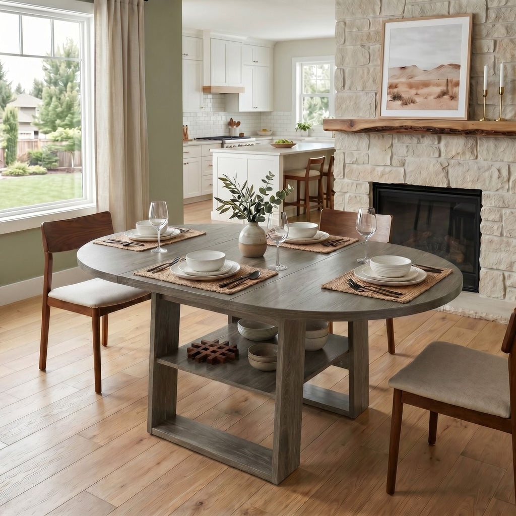 43.3"-59" Extendable Round Dining Table for 4-6, Round-to-Oval Kitchen Table with Built-In Flip-Up Extension Leaf, Stable H-Shaped Base and Storage Shelf, Gray