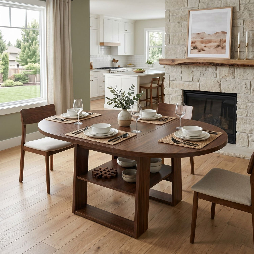 43.3"-59" Extendable Round Dining Table for 4-6, Round-to-Oval Kitchen Table with Built-In Flip-Up Extension Leaf, Stable H-Shaped Base and Storage Shelf, Walnut