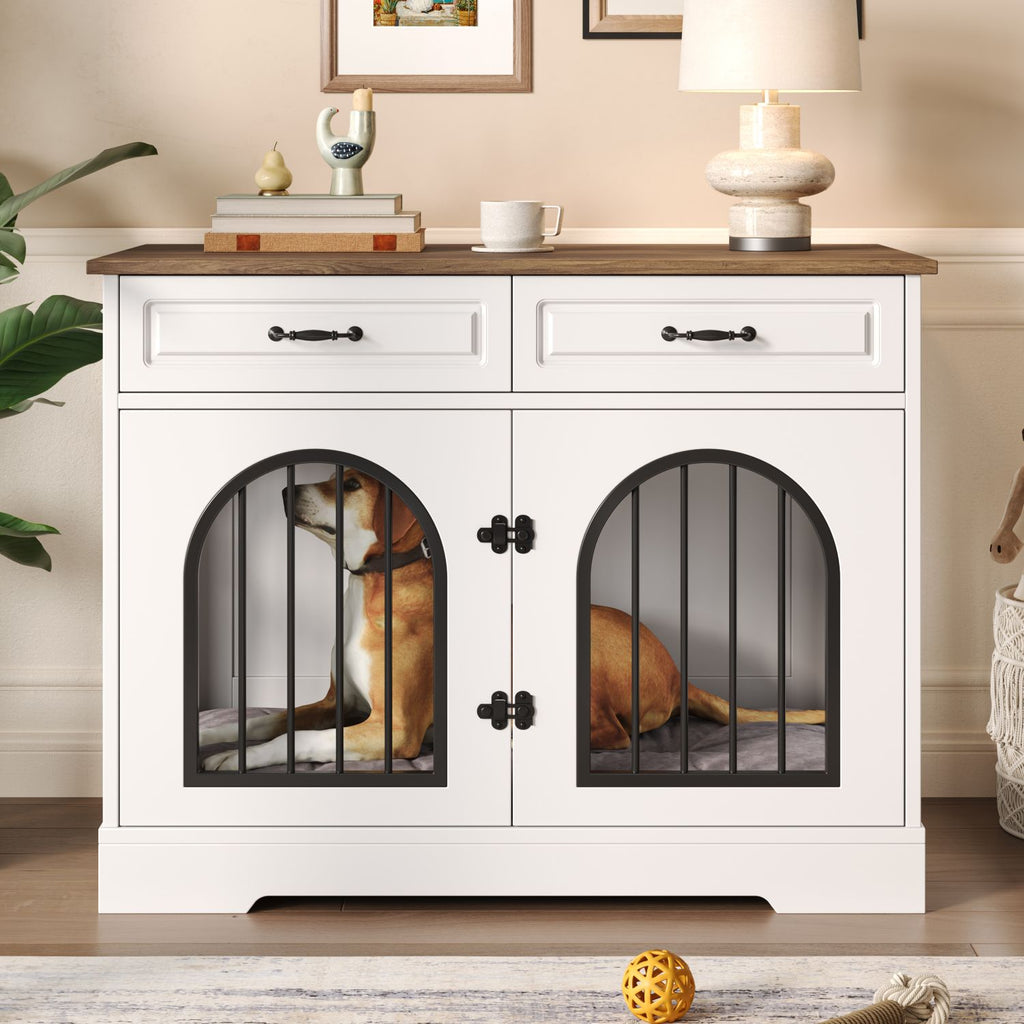 43.3" Dog Crate Furniture, Heavy Duty Indoor Dog Kennel with 2 Storage Drawers, Dog Cage with Side Doors for Medium Large Dogs, End Table Dog Crate, White and Brown