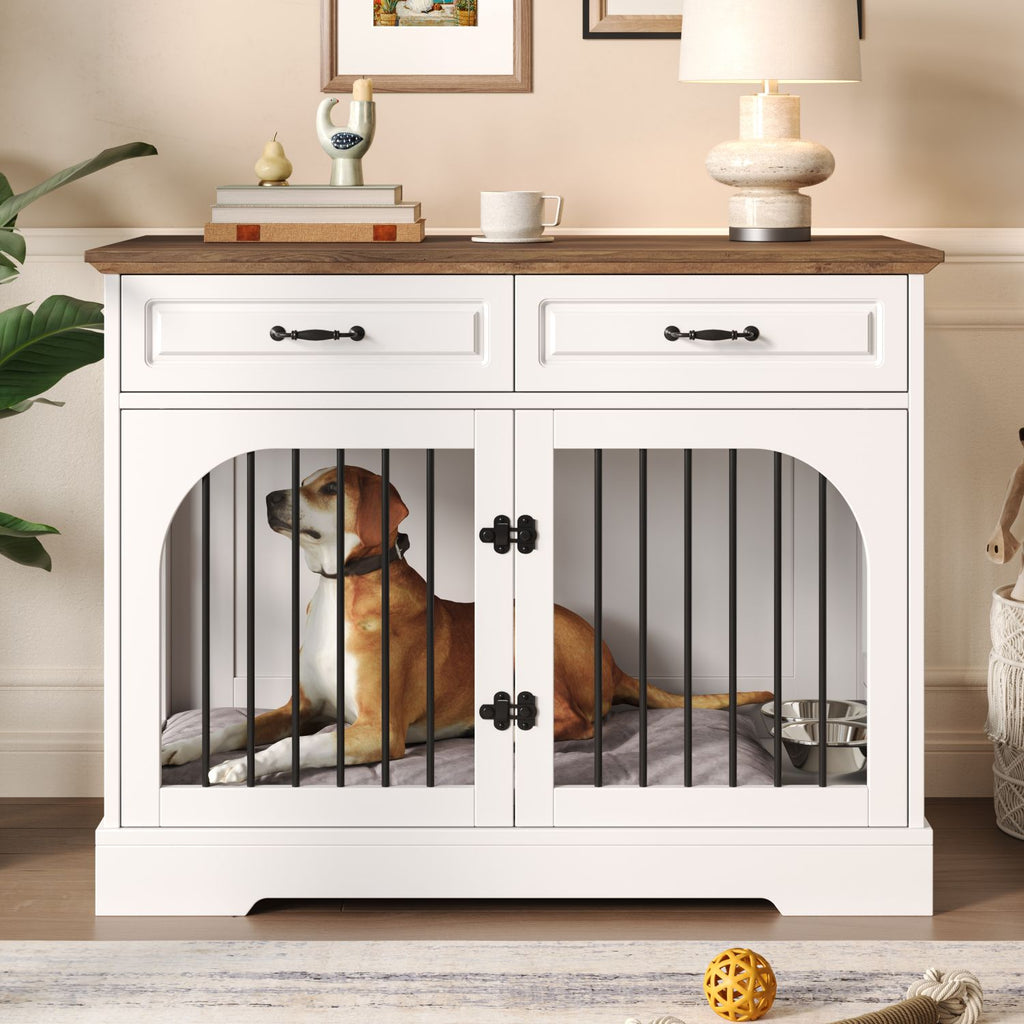 43.3" Farmhouse Dog Crate Furniture, Wooden Dog Kennel with 2 Storage Drawers and Rotating Food Bowls, Secure Metal Bar Crate for Lage & Medium Dogs, Indoor Dog Crate Side Table, White and Brown