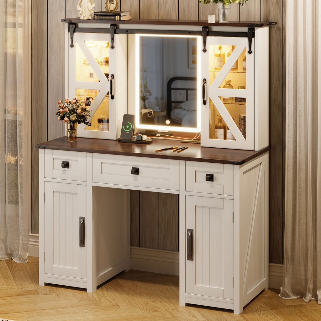 43.3" Farmhouse Makeup Vanity Desk with Lighted Mirror, Vanity Table Set with Charging Station, Dressing Table with Sliding Barn Door Hidden Shelves & 3 Drawers & 4 Cabinets, Beige