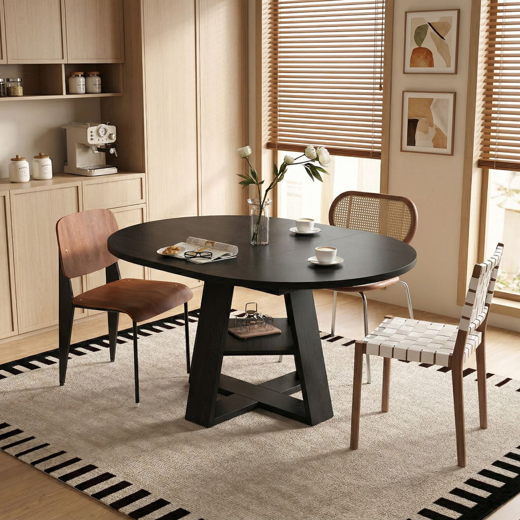 43.3in-59in Extendable Round Dining Table for 4-8,Modern Kitchen Oval Dining Table with Removable Leaves Space Saving,Wood Base with Storage Shelf for Kitchen Living Room (Black)