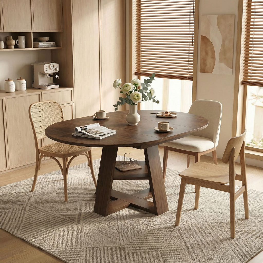 43.3in-59in Extendable Round Dining Table for 4-8,Modern Kitchen Oval Dining Table with Removable Leaves Space Saving,Wood Base with Storage Shelf for Kitchen Living Room ((Walnut))