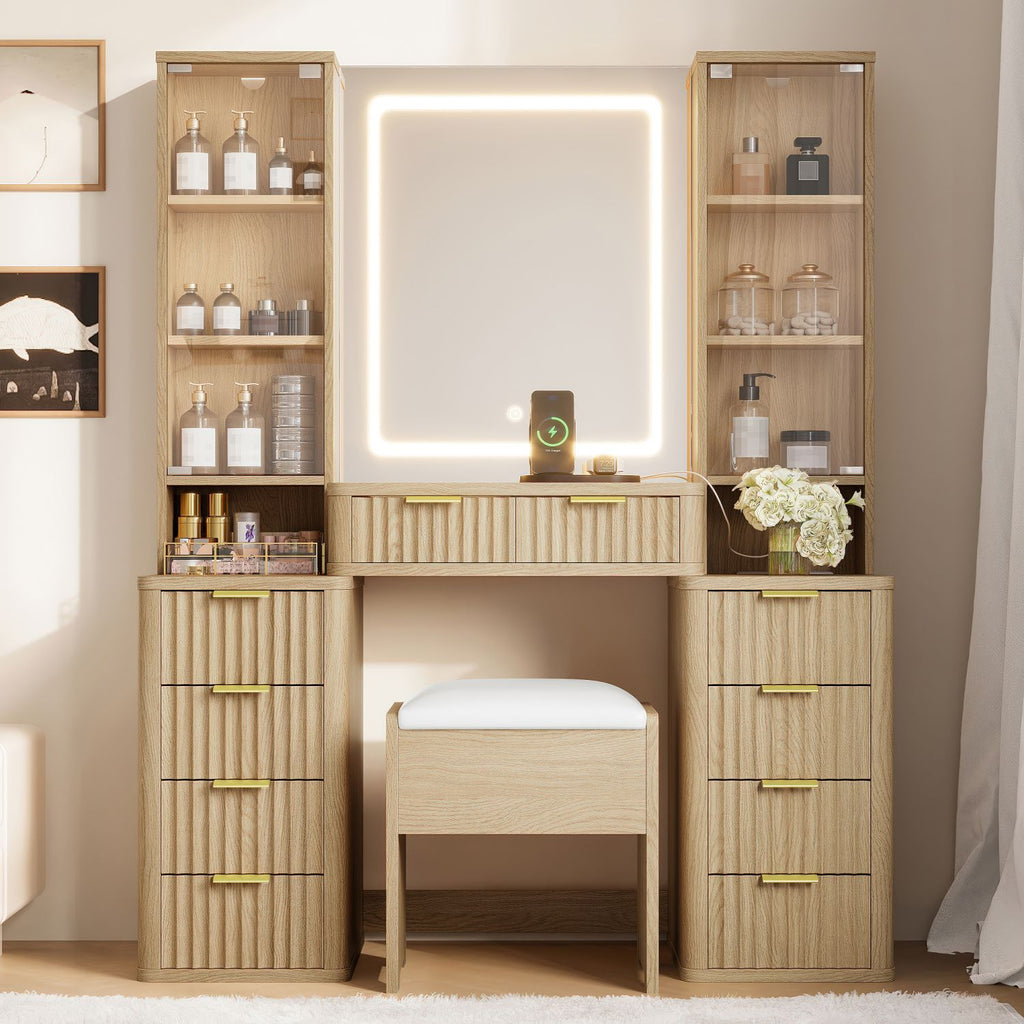 43.5" Fluted Makeup Vanity Desk with Mirror and Lights, Modern Glass Top Vanity Table with 10 Drawers & 2 Transparent Glass Cabinets, Dressing Table Set with Stool and Charging Station, Oak