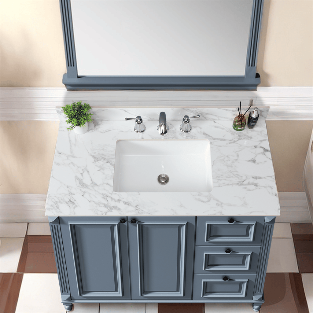 43"x22"Bathroom Vanity Top,sintered stone carra white Barthroom Vanity Sink Tops with Rectangular Undermount Ceramic Sink with Vanity Backsplash, Three Faucet Hole Bathroom Vanity Countertop