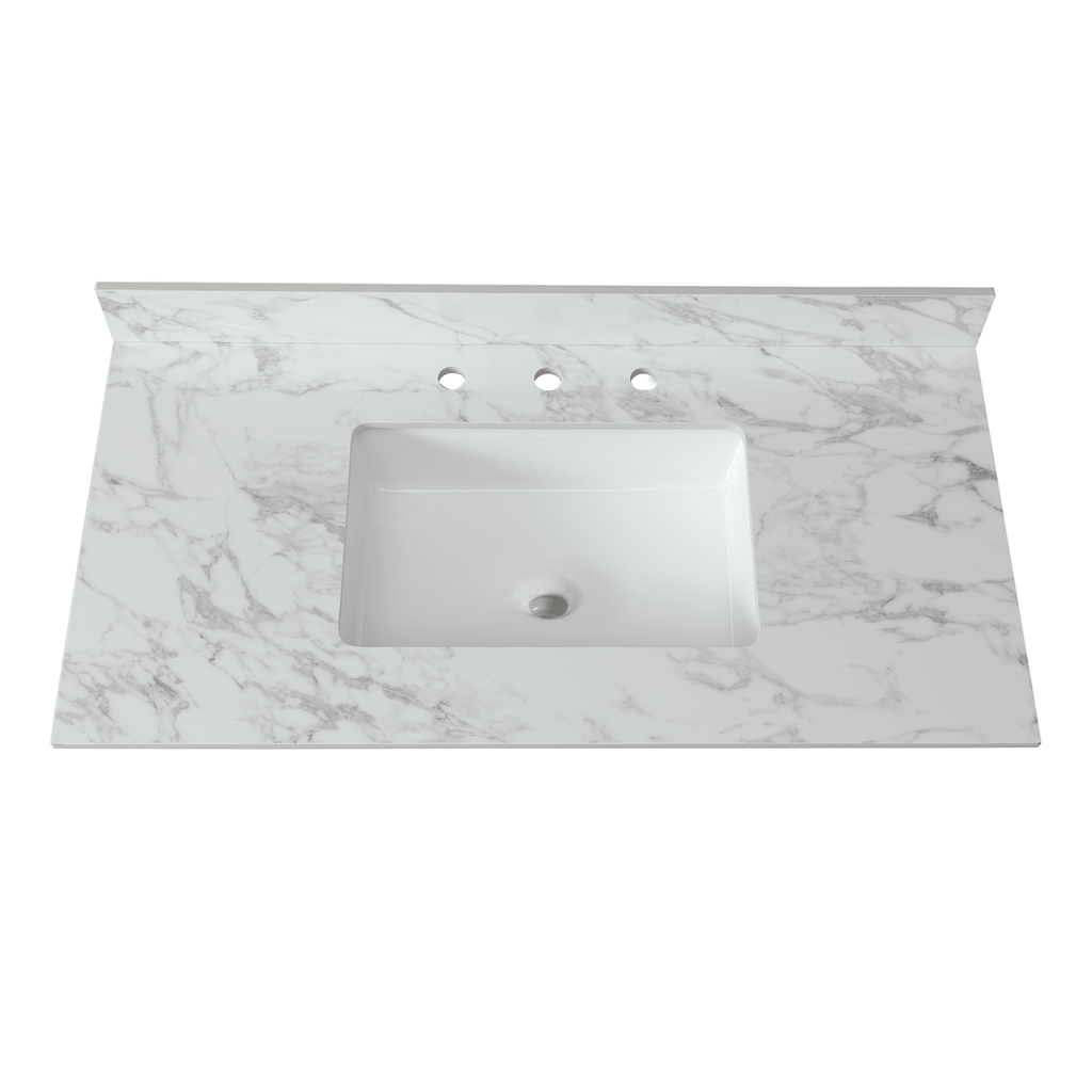 43"x22"Bathroom Vanity Top,sintered stone carra white Barthroom Vanity Sink Tops with Rectangular Undermount Ceramic Sink with Vanity Backsplash, Three Faucet Hole Bathroom Vanity Countertop