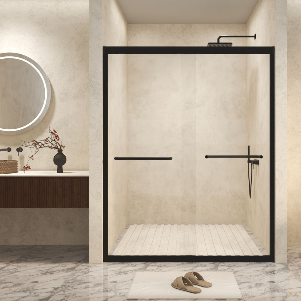 44-48" W × 72" H Tempered Glass with Explosion Proof Film, Aluminum Frame Double Sliding Shower Door, "1/4 (6 mm), Stainless Steel handle, Matte Black