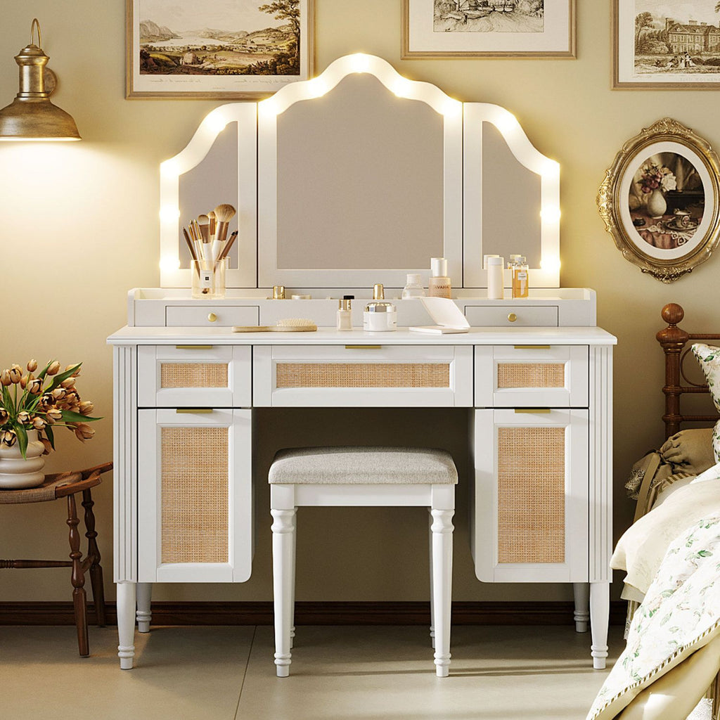 44.37" Makeup Vanity Desk with Stool Set, 13 Hollywood Bulbs & 3 Lighting Modes Dressing Table, Tri-Fold Mirror Large Vanity Table with Cushioned Stool, Charging Station, Ample Storage, White