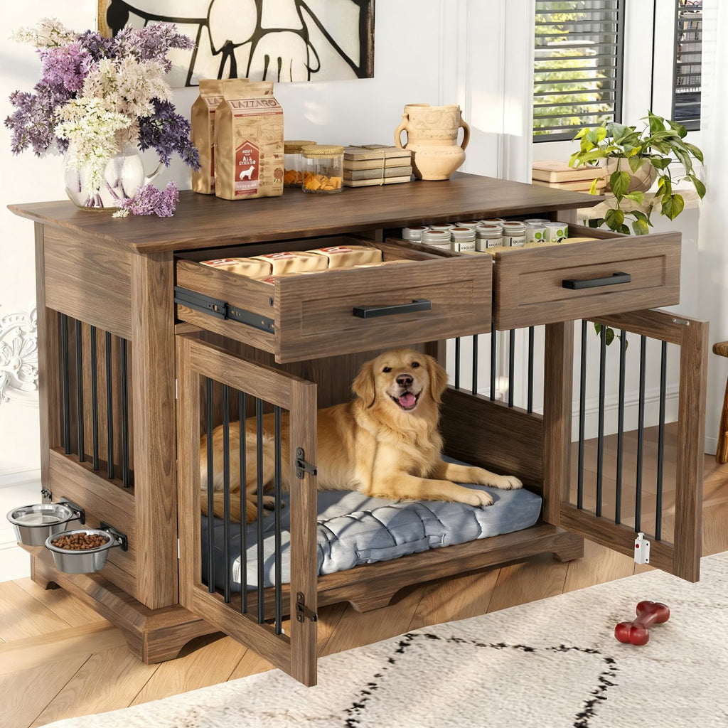 44.48" Large Dog Crate Furniture, Indoor Wooden Dog Kennel End Table with 2 Storage Drawers and Rotating Bowls, Decorative Pet Cage Dog House for Medium Dogs,Brown