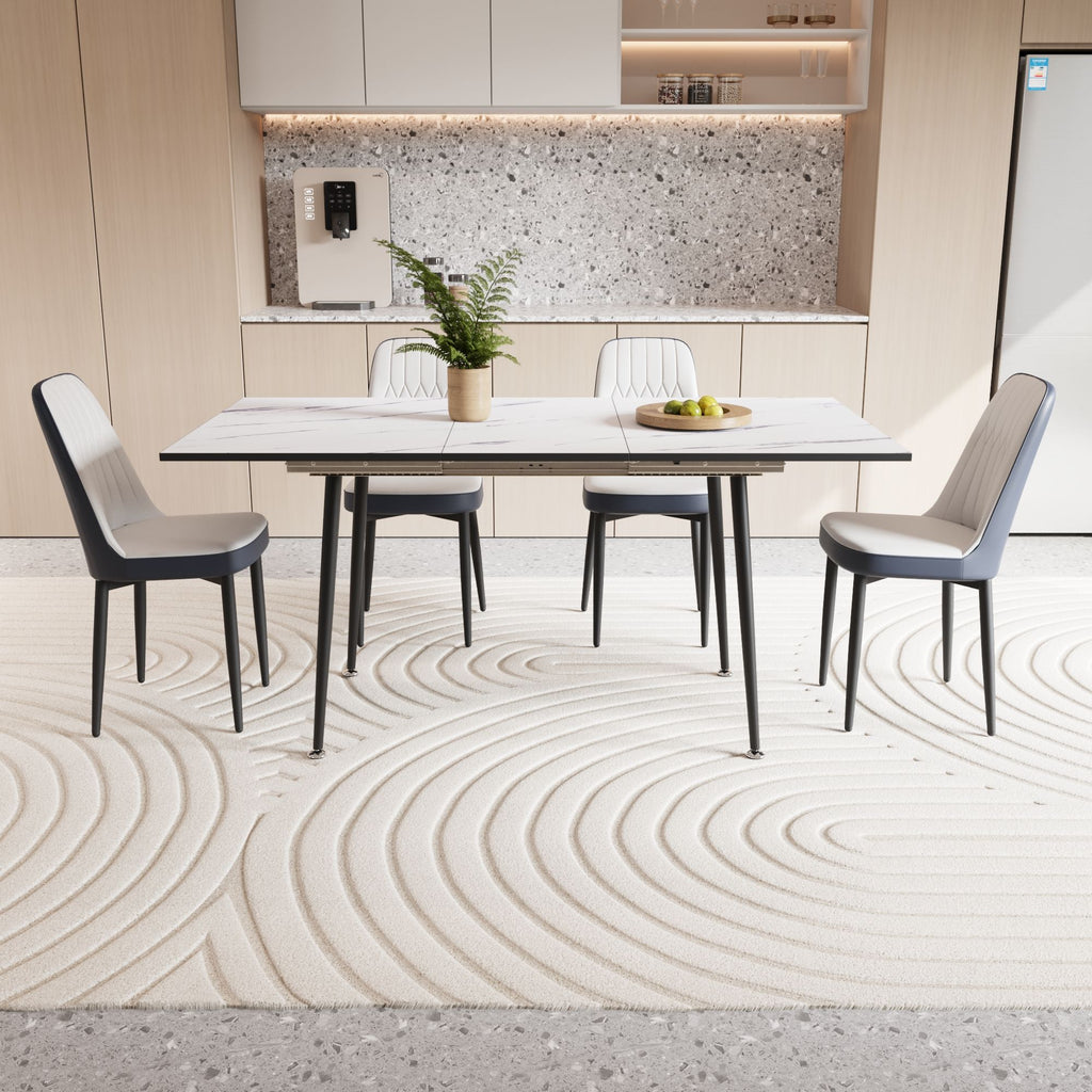 47"-63" expandable dining table set for 2-6 people, equipped with PU fabric thick cushioned dining chair and an elegant and spacious dining table , kitchen table and chair set, with black metal legs