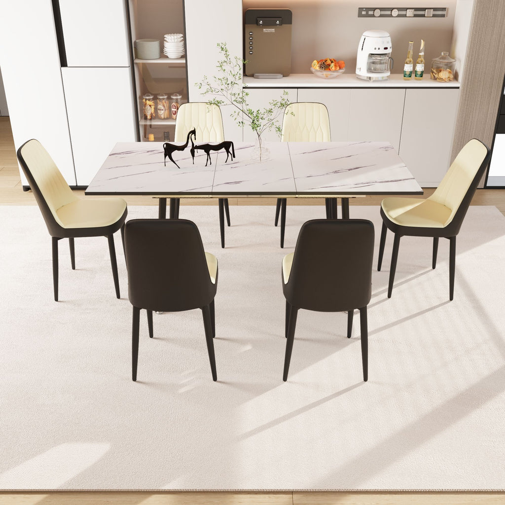 47"-63" expandable dining table set for 2-6 people, equipped with PU fabric thick cushioned dining chair and an elegant and spacious dining table , kitchen table and chair set, with black metal legs
