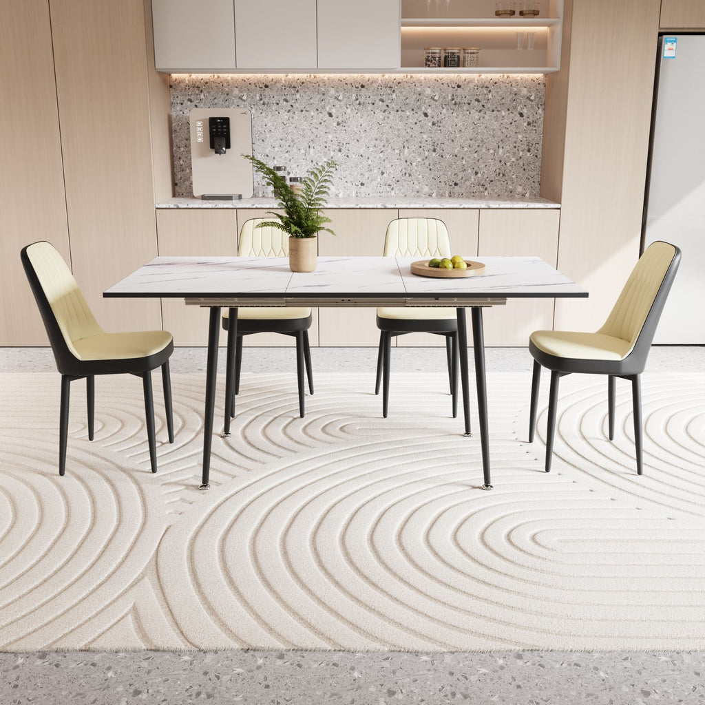 47"-63" expandable dining table set for 2-6 people, equipped with PU fabric thick cushioned dining chair and an elegant and spacious dining table , kitchen table and chair set, with black metal legs