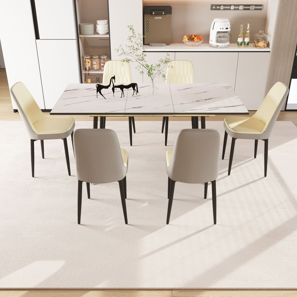 47"-63" expandable dining table set for 2-6 people, equipped with PU fabric thick cushioned dining chair and an elegant and spacious dining table , kitchen table and chair set, with black metal legs