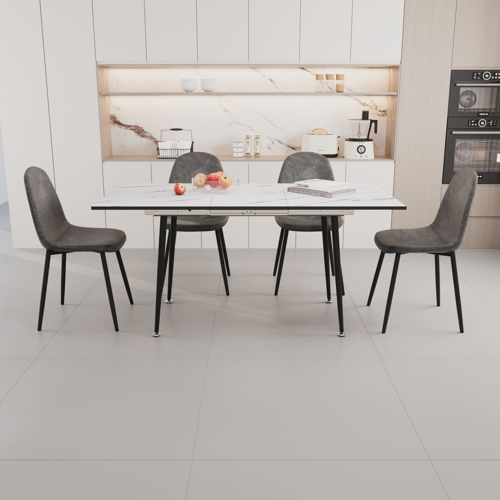 47"-63" extendable MDF modern dining table and chair set, suitable for 2-6 people, white dining table and modern grey round dining chair 4-piece set, metal base and suede chair