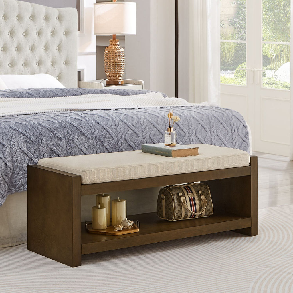 47" Accent Bench with Lower Shelf Shoe Rack, Padded Seating Bench for Living Room, Modern Compact Bed End Bench with Storage for Bedroom Seating, Removable Cushion, 47"W- Granite- Ivory