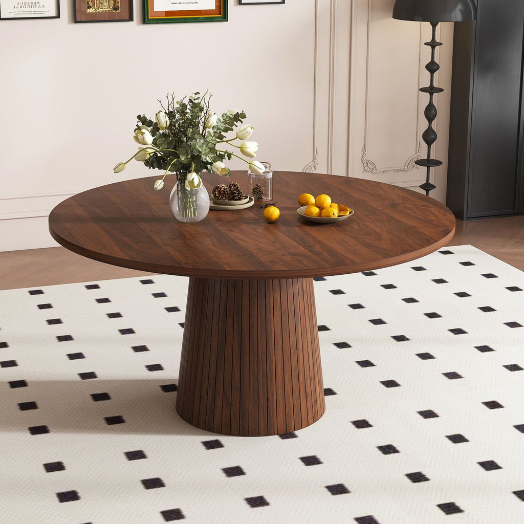 47 inch Round MDF Dining Table for 4, Modern Farmhouse Kitchen Table with Wood Strip Base, Walnut Finish Circle Table for Kitchen and Living Room