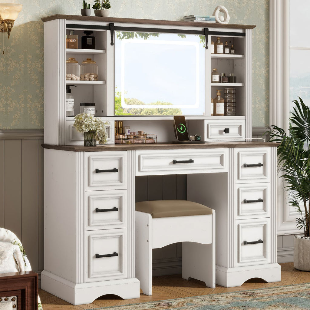 47.2" Farmhouse Makeup Vanity Desk with Sliding Mirror, Large Vanity Set with LED Lights, Dressing Table with Storage Stool and 9 Drawers, Ample Storage, White and Brown