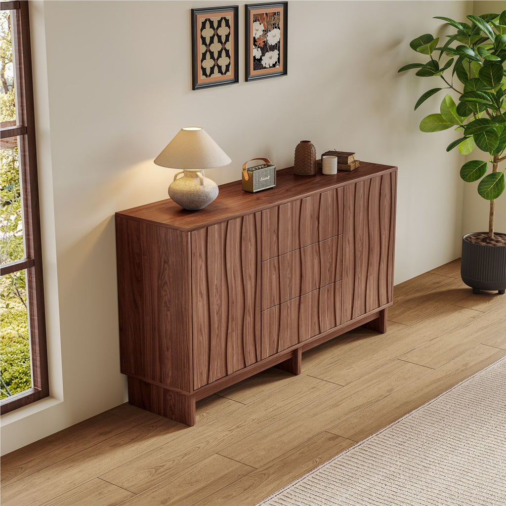 47.2" Sideboard Buffet Cabinet with 2 Doors and 3 Drawers, Walnut Finish with Stripe Grain Texture, Farmhouse Storage Sideboard for Dining Room, Living Room, Hallway, Easy Assembly