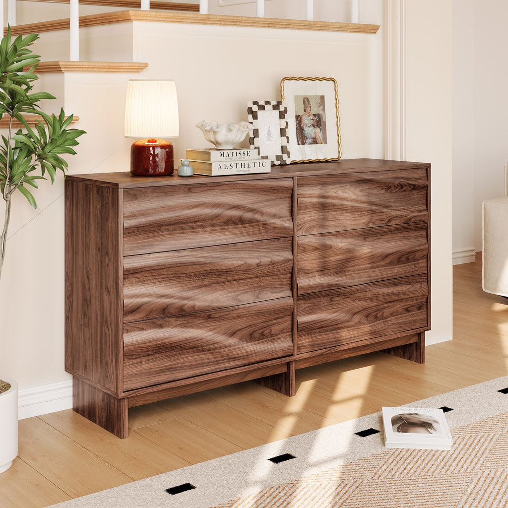 47.2" Sideboard Buffet Cabinet with 6 Drawers, Walnut Finish with Wave Grain Texture, Farmhouse Storage Sideboard for Dining Room, Living Room, Hallway, Easy Assembly