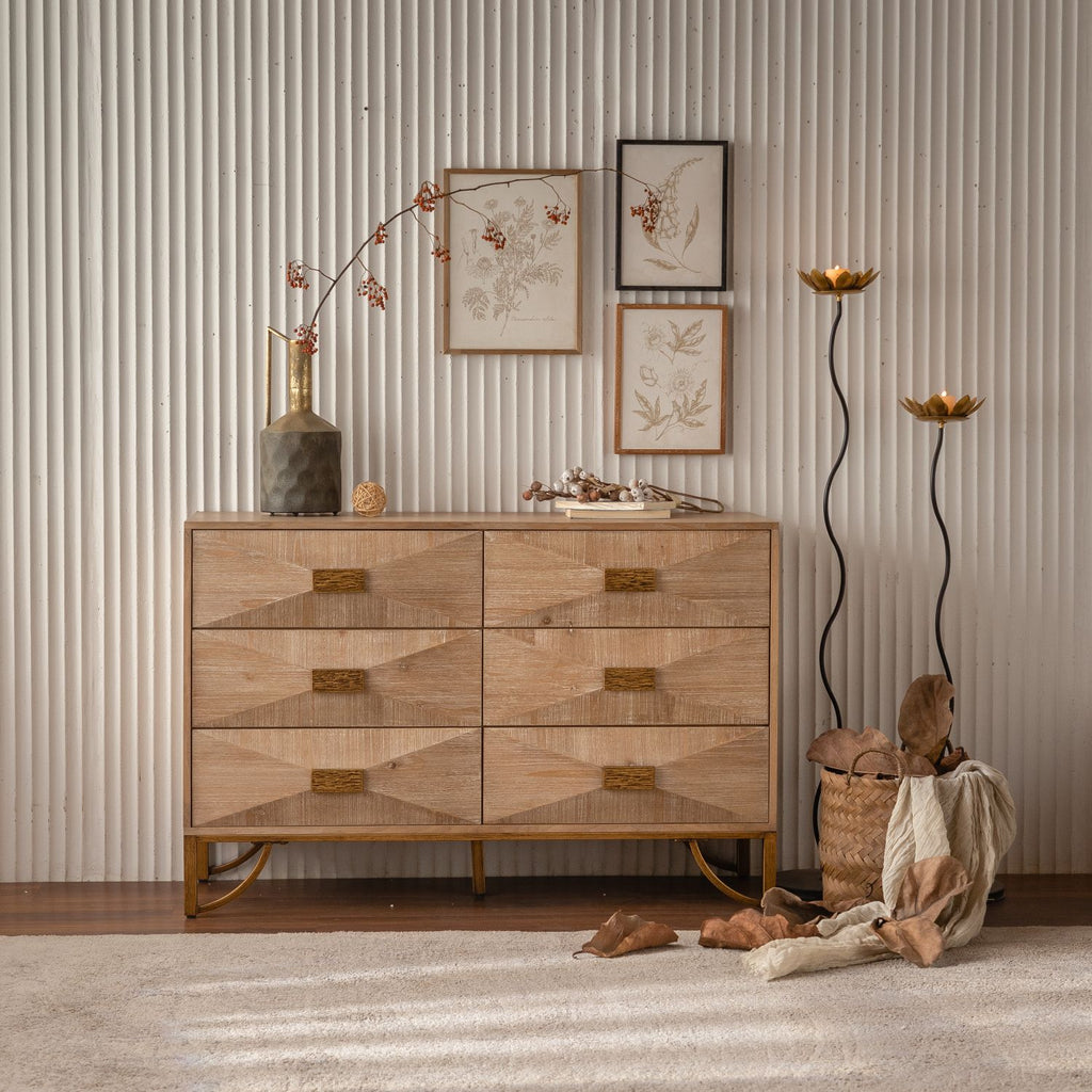 47.24" Light Wood 6-Drawer Dresser - Geometric Relief Chest of Drawers with Gold Metal Legs, Modern Sideboard Console Table for Living Room/Bedroom